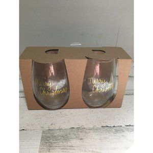 Set of two 5” clear Merry Christmas wine glasses NWT